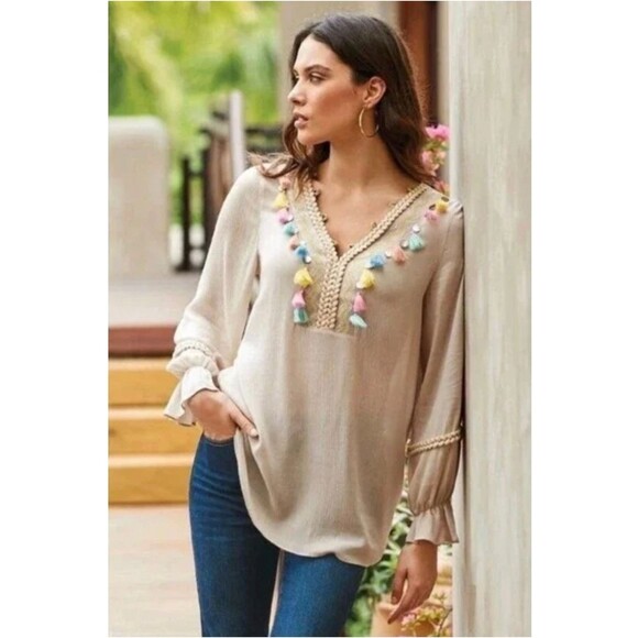 Soft Surroundings Clementine Tunic Top Embroidered Tassels Accent Medium boho - Picture 2 of 8